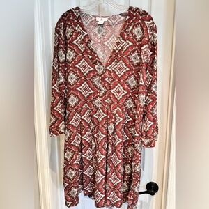 H&M Red and White Long Sleeve V-Neck Sundress